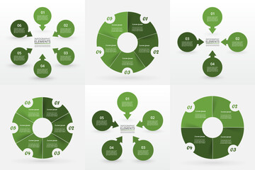 Set of green circle infographic elements with 4, 5 and options, parts or steps.