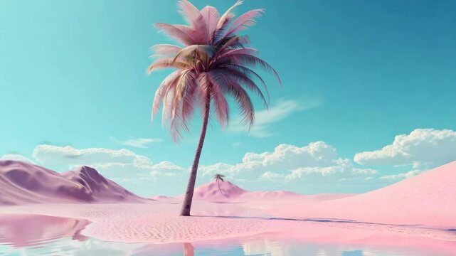 Dreamy surreal  desert landscape with palm tree, pink tones, and retro vaporwave vibe