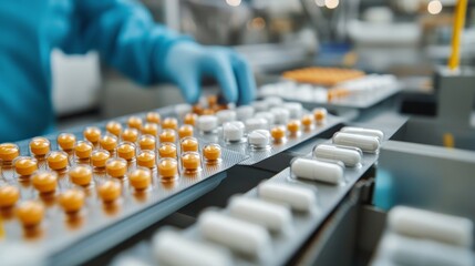 Pharmaceutical Production Line with Pills and Workers in Gloves, showcasing the process of packaging medicine, quality control, and automation in the pharmaceutical industry.
