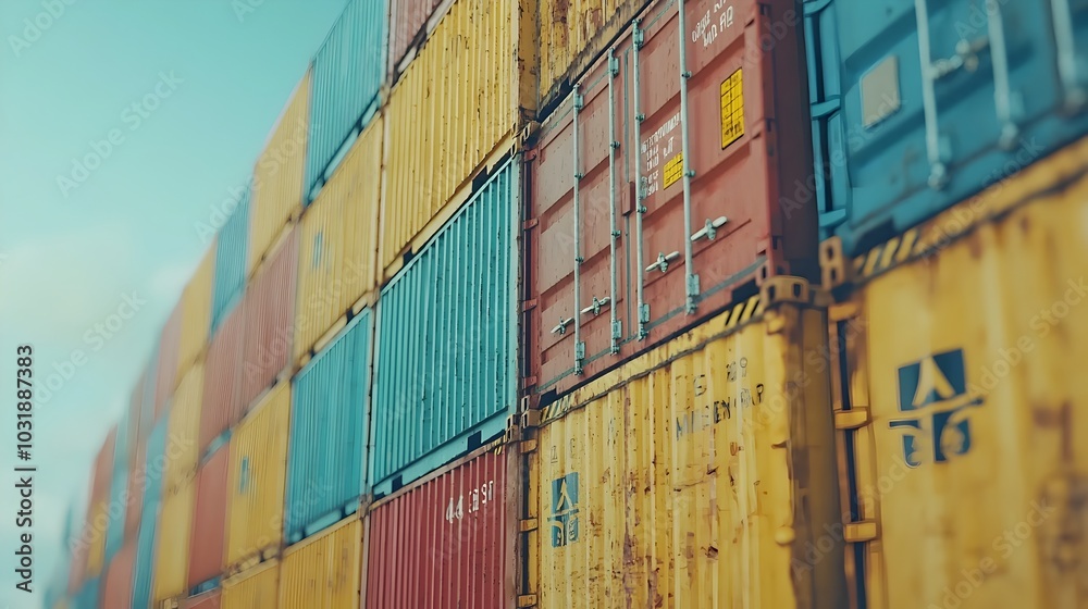 Poster close up view of stacked shipping containers with various international trade labels and markings hi