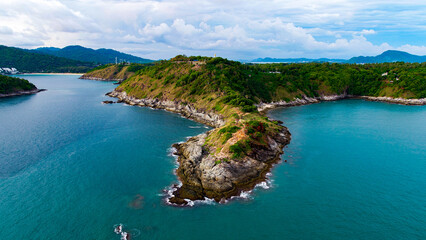 Viewpoint Promthep Cape of Phuket, Amazing aerial view sunset above Nai Harn beach, Thailand travel.