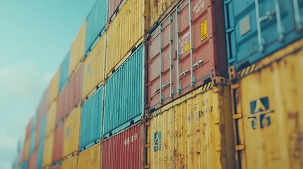 Fototapeta premium Close up view of stacked shipping containers with various international trade labels and markings highlighting the interconnected global logistics and transport industry