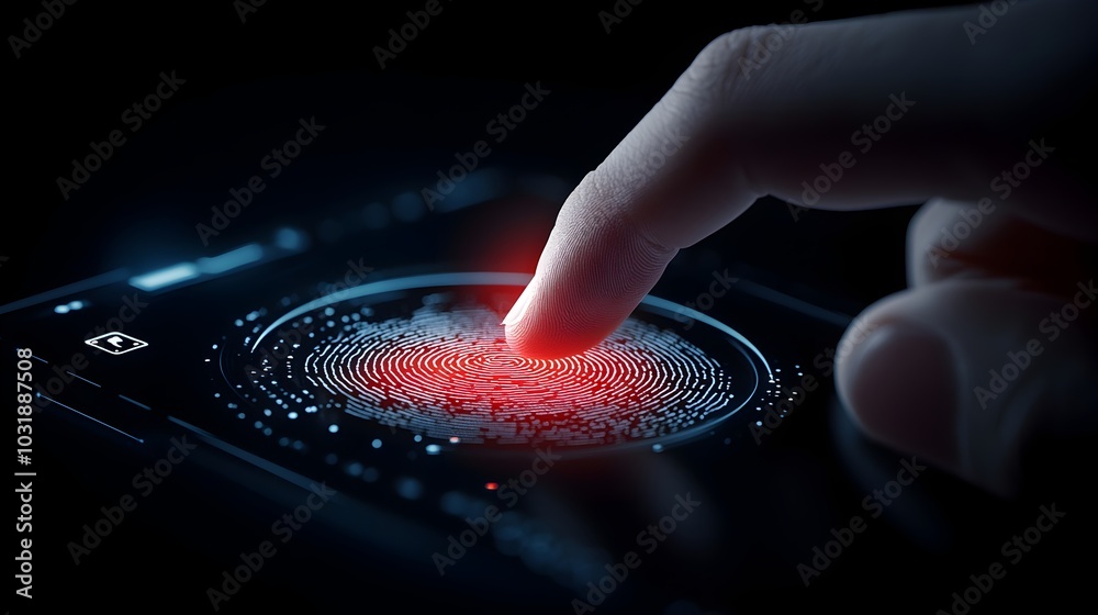 Poster Closeup of a high tech biometric scanner device malfunctioning and failing to successfully verify a fingerprint for digital identification and access control