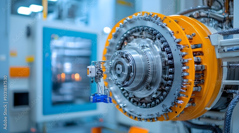 Poster close up view showcasing the intricate rotational mechanics and dynamic movement of industrial machi