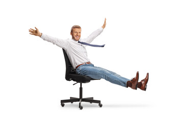 Happy man sitting in an office chair and smiling