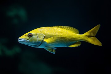 Fototapeta premium the beside view Yellowtail Snapper, left side view, white copy space on right, Isolated on dark Background