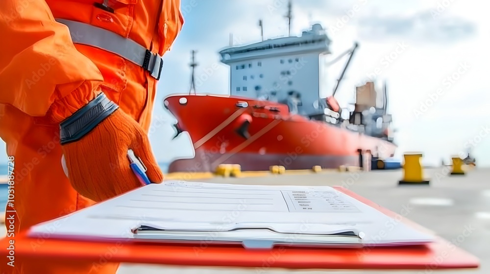 Poster closeup view of a shipping manifest document clipped to a clipboard situated near a large cargo ship