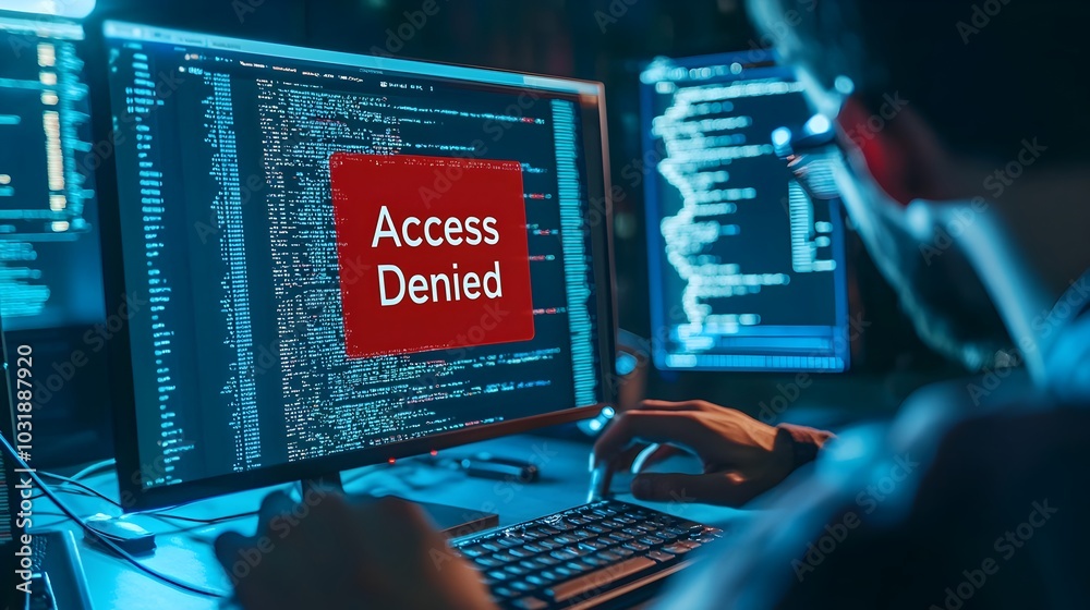 Aufkleber Closeup view of a hacker s hands on a computer keyboard with a prominent red  Access Denied  message displayed on the screen symbolizing a security breach or unauthorized access attempt