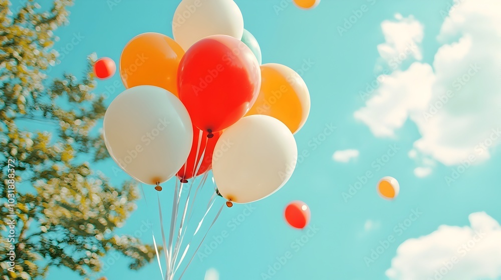 Aufkleber Colorful helium balloons drifting and becoming entangled in the branches of a tree creating a whimsical and enchanting scene against a serene tranquil sky background
