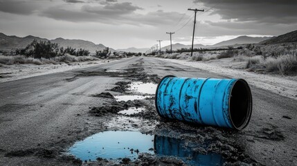 Desolate Road with Abandoned Blue Barrel Reflecting Ominous Skies Amidst a Striking Landscape