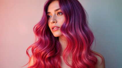 Fototapeta premium Young woman with vibrant purple and pink ombre hair gazes confidently, showcasing trendy hair coloring and soft makeup in a studio setting