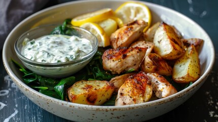 Fototapeta premium Grilled Chicken Breast with Roasted Potatoes and Spinach Salad.