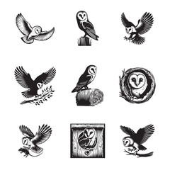 Collection of Barn Owl Silhouette Design - Barn Owl Vector illustration in black white