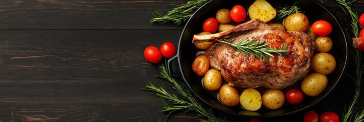 Fototapeta premium Roasted lamb leg with potatoes and rosemary in a cast iron skillet. Perfect for an Easter feast, this dish is full of flavor and aroma.