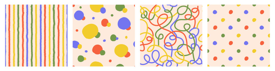 Colorful seamless pattern set of hand drawn curved checkered lines, strip and polka dots. Trendy design with abstract shapes, simple and playful vector doodle wallpaper print