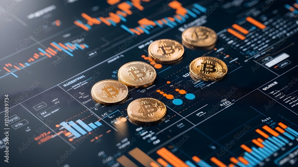 Poster Conceptual image of floating gold coins and financial graphs against a black background symbolizing the concept of profit wealth and financial success