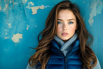 A woman with long brown hair wearing a blue vest and scarf