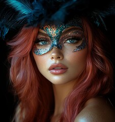 Obraz premium Carnival mask on black background. Beautiful woman wearing one