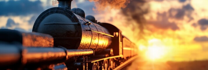  A train on the track, close-up view Smoke emanates from its engine Sunset backdrop