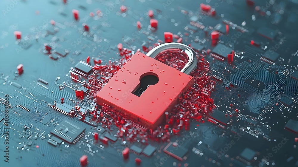 Poster Damaged lock icon on a cloud storage screen symbolizing the loss or compromise of data stored in the digital cloud