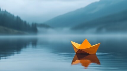 Delicate paper boat floating gracefully on a calm still body of water representing a sense of hope and resilience in the face of uncertainty and change