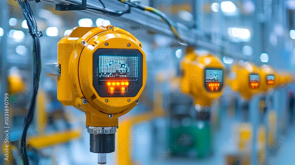 Fototapete detailed close up image showcasing numerous industrial iot temperature sensors installed within an e