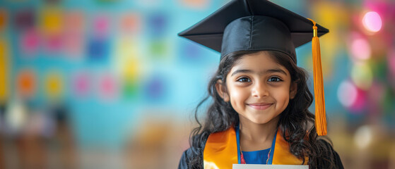 cute Indian child wearing graduation cap and gown, smiling proudly with certificate in hand, celebrating significant achievement. colorful background adds to joyful atmosphere