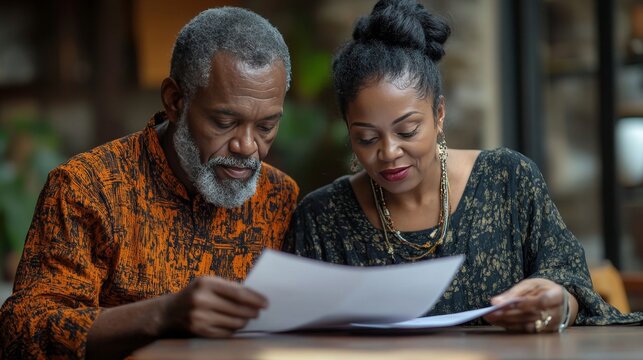 Mature African American Couple Reviewing Documents Together