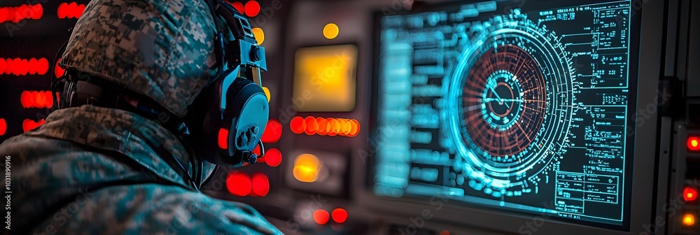 Fototapete Detailed Close up Shot of Combat Drone Control Station with Various Digital Displays Buttons and Interfaces for Monitoring and Controlling Unmanned Aerial Vehicles