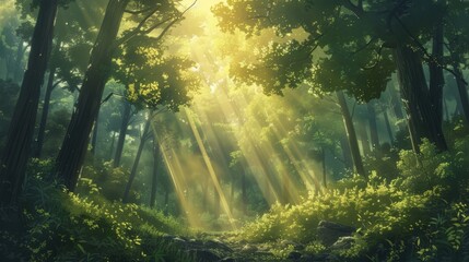 Obraz premium Enchanted Forest Sunbeams Through Misty Trees