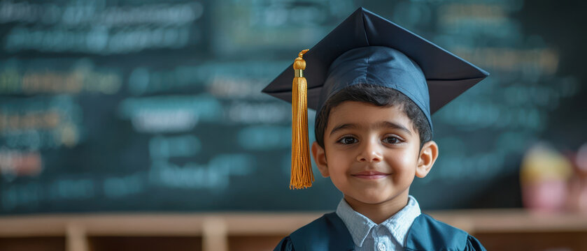 young Indian schoolboy in graduation cap and gown smiles proudly, showcasing his achievement in classroom setting. His joyful expression reflects excitement of this special milestone