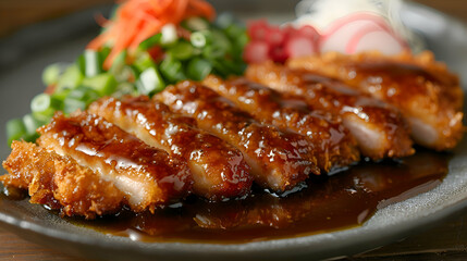 A close-up of tonkatsu pork cutlet with a side of tonkatsu sauce