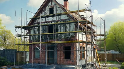 A two-story brick house is under construction, surrounded by scaffolding and a wooden fence