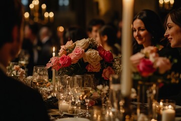 Elegant dining setting captured in warm candlelight. Smiling guests enjoy a special occasion. Beautiful flowers enhance the ambiance. Generative AI