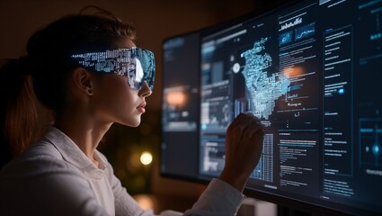 Engaging with Tomorrow: A young woman uses futuristic glasses and interacts with advanced digital interfaces, embodying innovation and the intersection of technology and imagination.