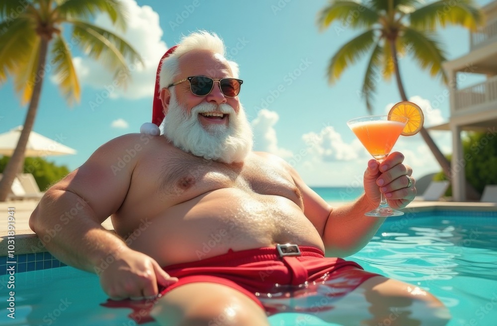 Wall mural santa claus in red shorts and sunglasses relaxing in the pool with a cocktail. new year and christma