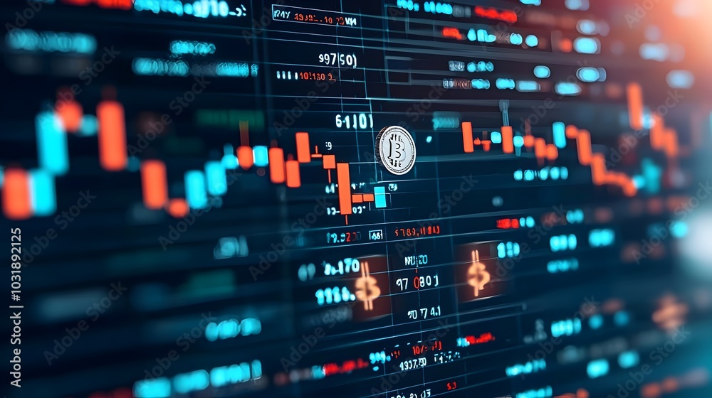 Poster Digital abstract depicting a fluid dynamic wave like pattern with various currency symbols symbolizing the volatility and fluctuations in the financial markets and global economy