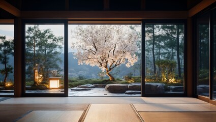 A peaceful view from a traditional Japanese room, featuring a magnificent cherry blossom tree in full bloom, surrounded by tranquil greenery and soft natural light, evoking serenity.