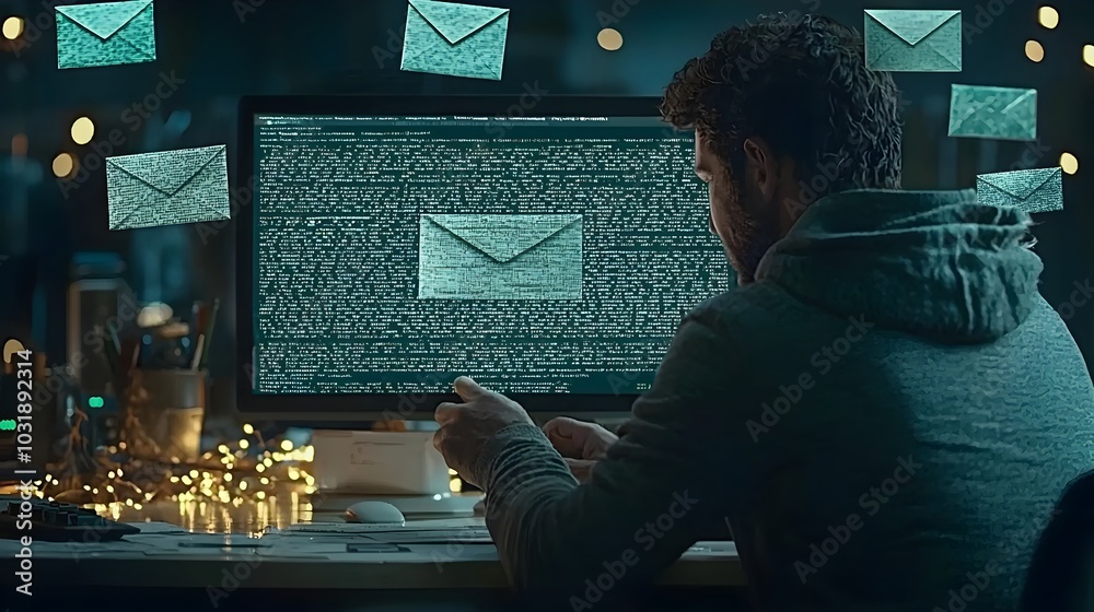 Poster Digital screen displaying an open phishing email revealing sensitive information and highlighting the risks of cyber threats and the importance of digital security measures