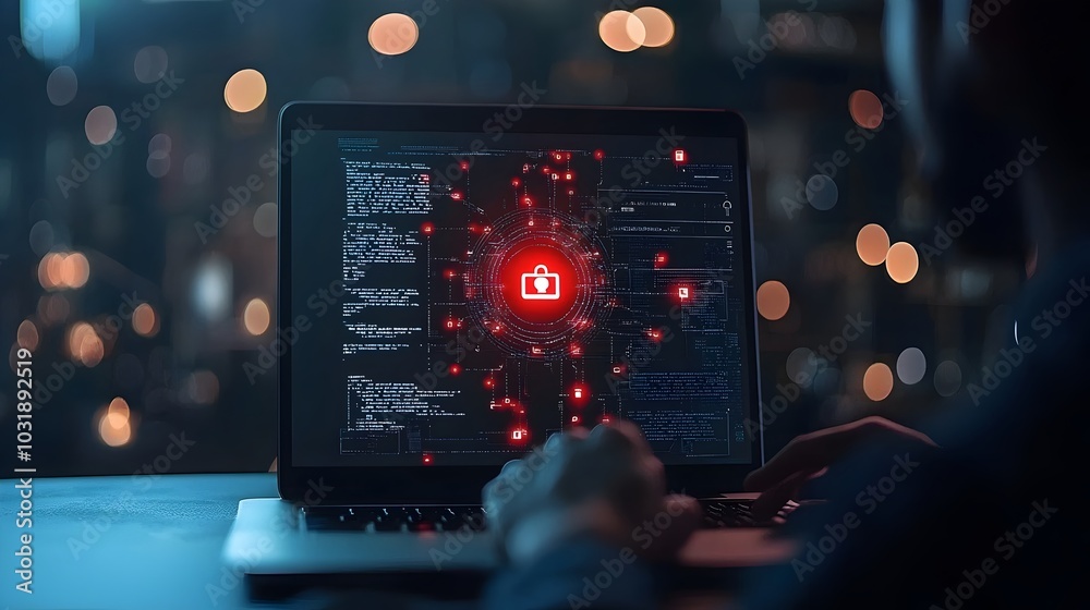 Leinwandbilder Digital Security Warning on Laptop Display with Blurred Hacker Figure in the Background Signaling a Potential Unauthorized Access or Data Breach Incident