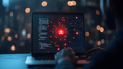 Digital Security Warning on Laptop Display with Blurred Hacker Figure in the Background Signaling a Potential Unauthorized Access or Data Breach Incident