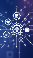 Healthcare mechanism concept. Abstract background with connected gears and icons for medical, health, strategy, care, medicine, network, social media and global concepts. Vector infographic isolated