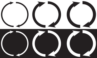 Two semicircular arrows rotate 360 ​​degrees. Following each other in a circle. isolated on white and black background. Vector illustration. EPS 10