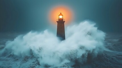 Dramatic and powerful lighthouse beacon shining through a stormy turbulent sea guiding ships and vessels to safety amidst the raging waves and clouds
