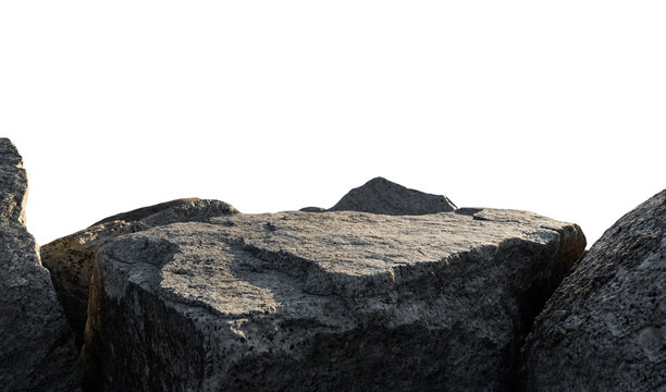 Rock Podium isolated, Stone stand Display product on white background,Stones Sea formation located part of the mountain,Group of Cliff Rock with natural rough texture surface with clipping path