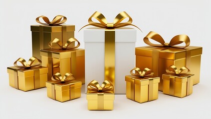 Gold ribbon-tied gift box set, seen from various angles. Elegant packaging in different shapes and sizes, ideal for festive gifting, isolated on a white background.