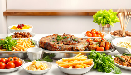 Party Brunch big Buffet table setting with Food Meat Vegetables isolated with white highlights, png