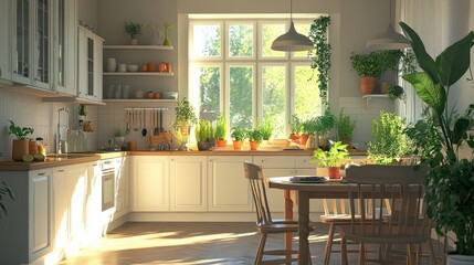 Fototapeta premium A bright and airy kitchen in a small house, with elegant wooden furniture, vibrant houseplants on the windowsill, and a cozy dining area perfect for enjoying meals