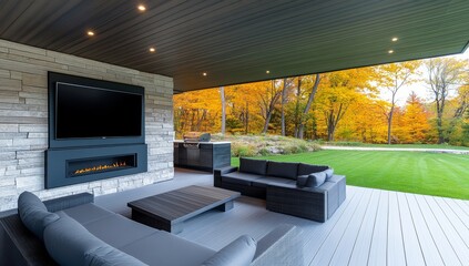 Luxurious Outdoor Living Area in the Forest with Open Covered Porch and Fireplace
