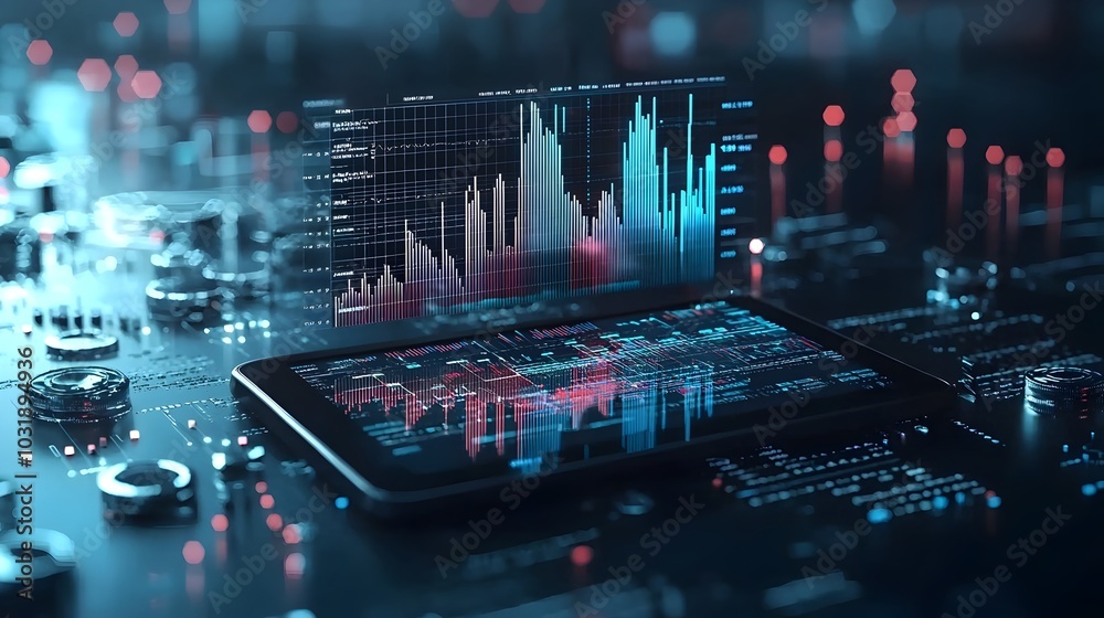 Leinwandbilder Emerging 3D data visualizations charts and graphs displayed on a digital tablet device against a dark studio workspace backdrop  Conceptual image for data analytics business intelligence